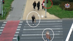 przejście dla pieszych, po którym idzie mężczyzna z telefonem komórkowym
