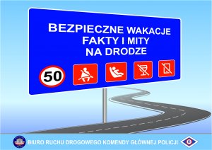 Plakat przedstawiający znak drogowy z napisem Bezpieczne wakacje fakty i mity na drodze