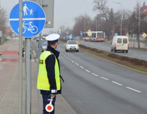 na zdjęciu policjant umundurowany w żółtej odblaskowej kamizelce stoi przy drodze i obserwuje ruch samochodów