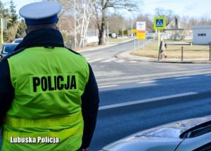 Na zdjęciu widać policjanta ruchu drogowego stojącego tyłem w umundurowaniu i żółtej kamizelce z napisem Policja. Policjant stoi przy drodze.