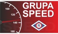 Logotyp grupy SPEED - po lewej stronie prędkościomierz, po prawej stronie napis GRUPA SPEED, poniżej niego - symbol graficzny w kształcie rombu z wpisaną literą R