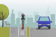 rysunek, na którym widać jadący niebieski samochód a obok drogę dla rowerów, którą porusza się osoba na hulajnodze elektrycznej.