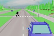 klatka z filmu animowanego. Na obrazie widać drogę, przejście dla pieszych, sylwetkę pieszego oraz samochód zbliżający się do przejścia.