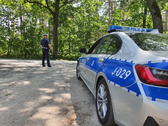 z prawej strony stoi radiowóz policyjny, szary z niebieskim paskiem, w oddali widać policjanta