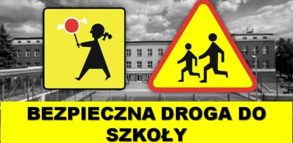 ostrzegawczy znak drogowy przedstawiający sylwetkę dzieci. Napis:
na żółtym tle Bezpieczna droga do szkoły