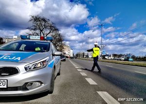Na drodze, z prawej strony zdjęcia stoi policjant, z lewej strony radiowóz oznakowany.