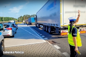 policjantka ruchu drogowego w żółtej kamizelce i w mundurze stoi przy drodze, obok zaparkowana jest ciężarówka