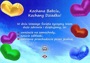 Infografika z okazji Dnia babci i Dziadka. Na niebieskim tle znajdują się napisane życzenia, wokół są różnokolorowe balony