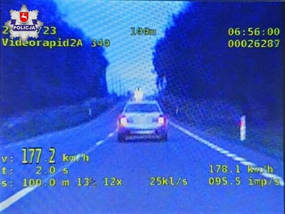 Zdjęcie - widok kamery nagrywającej, przedstawia samochód osobowy, który porusza się z prędkością 177 kilometrów na godzinę.