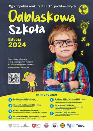 Plakat konkursu pod nazwą &amp;quot;Odblaskowa Szkoła 2024&amp;quot;. Przedstawia chłopca w okularach, ubranego w koszulę oraz odblaskową muszkę. Pod zdjęciem zamieszczony został harmonogram konkursu